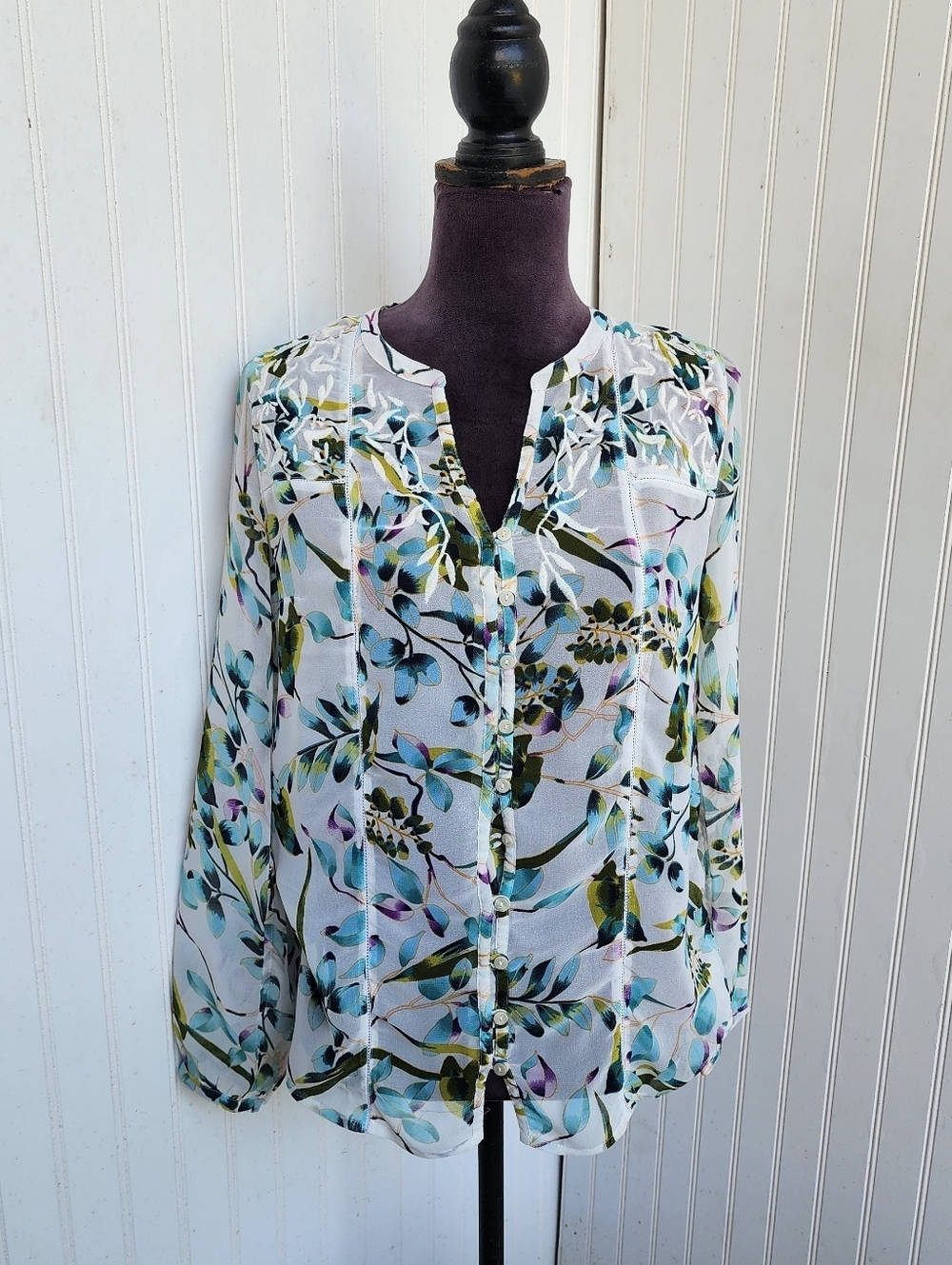 Per Una Floral Print Sheer Blouse Button Down Blue Green Floral Vines Sz M
